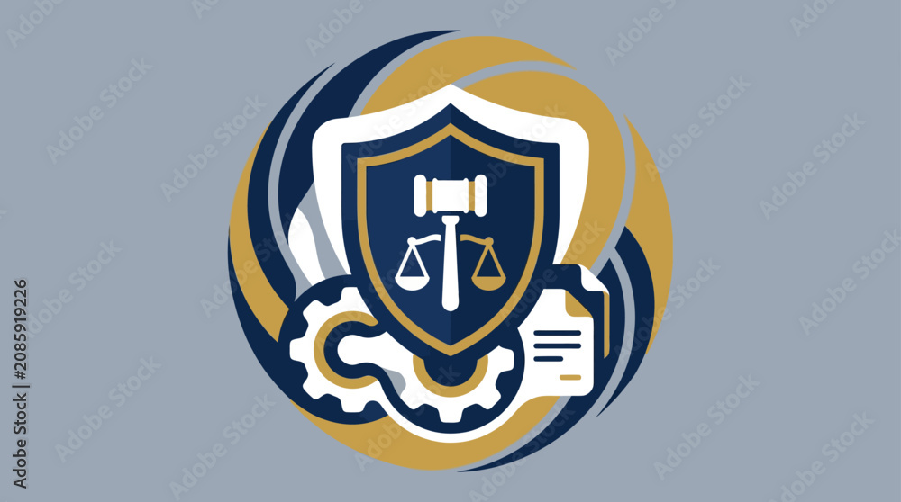 Obraz premium Law shield emblem with gavel and scales icon.