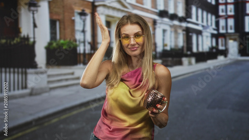 Photography Blonde woman holding copper mug and gesturing palm up while wearing yellow sunglasses and a pink yellow satin top on a street with building steps; carefree summer