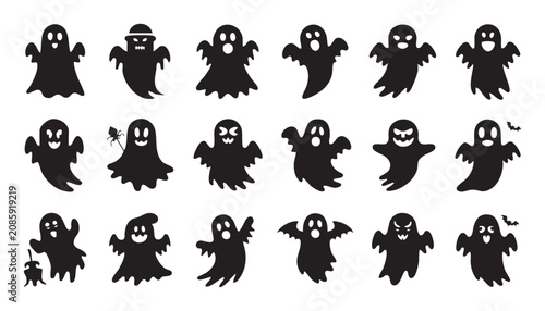 Collection of black ghost silhouettes featuring various spooky expressions and poses isolated on a white background for creative graphic design pro...