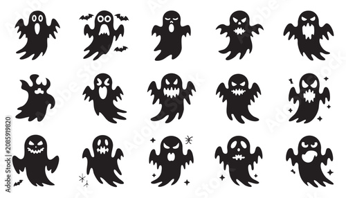 Collection of fifteen black ghost silhouettes featuring various spooky expressions and floating poses for halloween graphic design and vector illus...