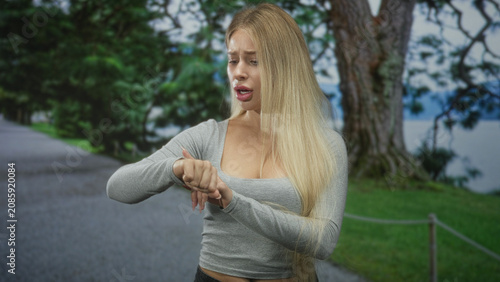 Fotografie Woman checks wrist and points to her wrist in park, gray longsleeve crop top, hands raised in questioning shrug; waiting lateness anxiety