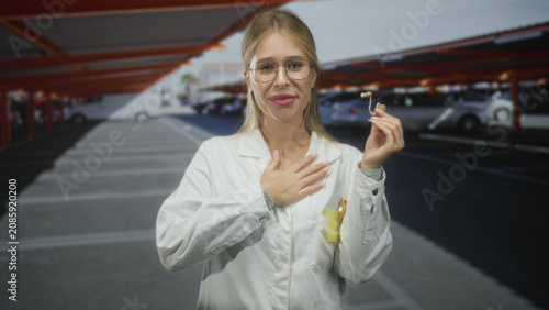 Fotografie Woman holding hearing aid with hand on chest, white coat and glasses in building parking garage, smiling; gratitude accessibility