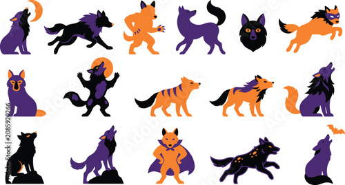 Φωτογραφία Halloween werewolf and wolf character icon collection featuring spooky cartoon f
