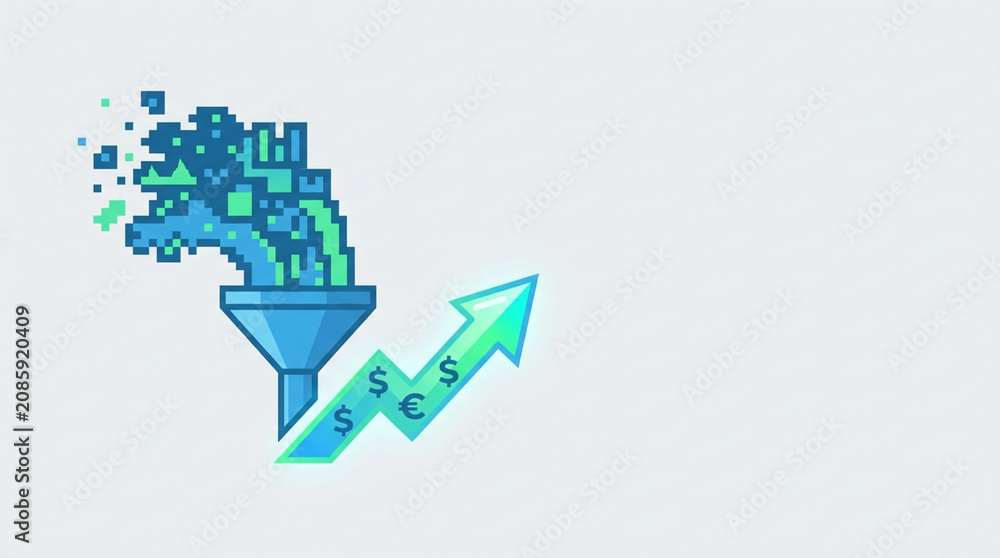Fototapeta premium Data driven insights flow through funnel transforming into financial growth shown by upward arrow with currency symbols