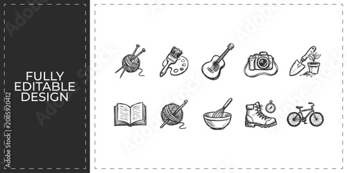 Arts and crafts studio hand drawn doodle icons featuring painting tools and notebooks for creative design workshop and artist branding identity design graphics