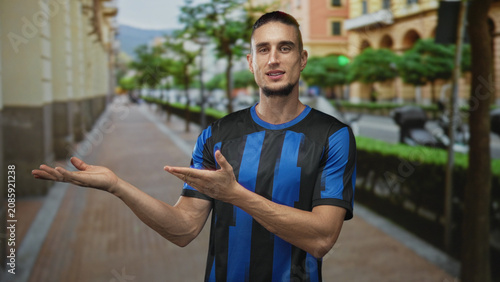 Konstfotografi Man in blue soccer jersey gesturing with forearms and open palms on a street promenade lined with trees and buildings; contemplation focus