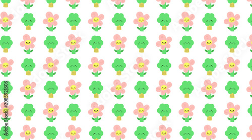 Charming kawaii seamless pattern featuring smiling cartoon flowers and green trees on white background. Minimalist vector repeating background for kids spring textile print and nursery wallpaper.