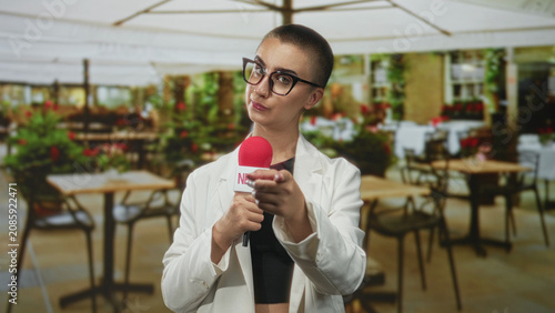 Принти на полотні Woman reporter holding red microphone pointing finger in street cafe patio setting; assertive confidence