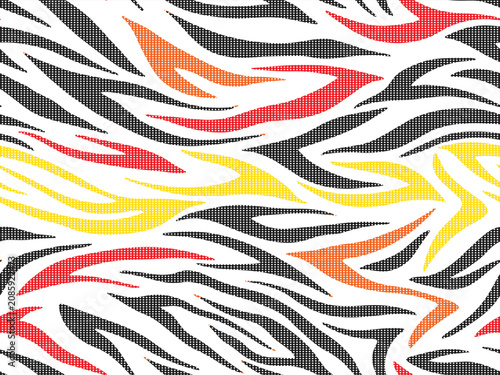 Full Seamless vivid zebra halftone background. Red, yellow and orange stripes create an energetic animal print for kids apparel, sport fabric and bags.
