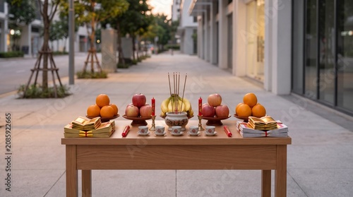 Roadside offering table, Hungry Ghost Festival altar, Fruit tea incense arrangement, Urban sidewalk ritual scene, Clean cultural stock photo
