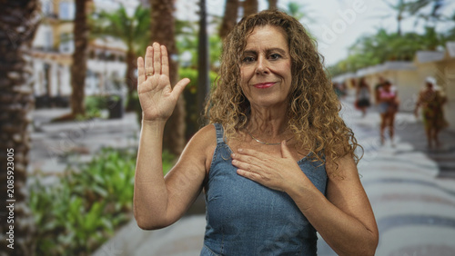 Fotografija Middle aged hispanic woman raises right hand and places left hand over her chest on a palm lined pedestrian street with blurred passersby; sincerity pledge