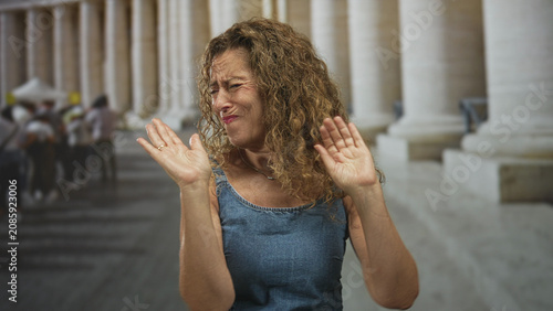 Obraz na płótnie Hispanic woman grimaces with hands raised in refusal while standing in a columned public building corridor; disgust rejection