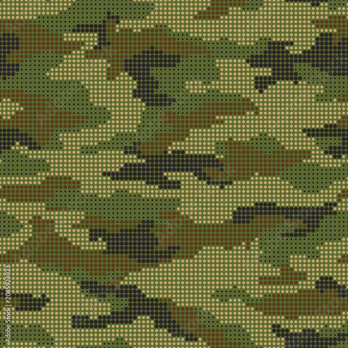 Full Seamless woodland micro camouflage halftone background. Olive, khaki and dark dots create a compact military print for fabric, apparel and gear.