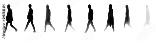 A series of silhouettes of people walking on transparent background