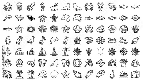 Bilde på lerret :
Editable Marine Animal Line Icon Collection with Ocean Wildlife Fish Shark Dol