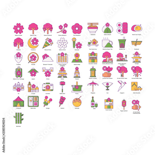 3D Cartoon Gradient Cherry Blossom and Japanese Culture Icons Set