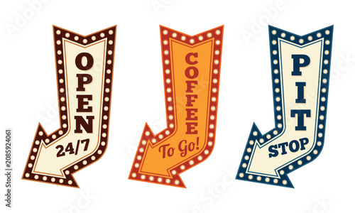 Set of three retro illuminated arrow signs, featuring vintage marquee lights, with open, coffee, and pit stop text advertising designs.