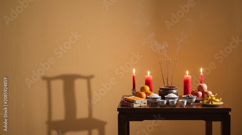 Respectful ghost month editorial, Hungry Ghost Festival altar mood, Incense smoke candlelight and chair shadow, Conceptual ritual scene, Clean copy space