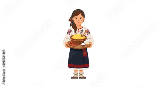 Girl in Ukrainian folk dress holding traditional bread.