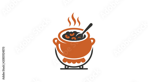 Photos Hot steaming soup pot on a stand with ladle.