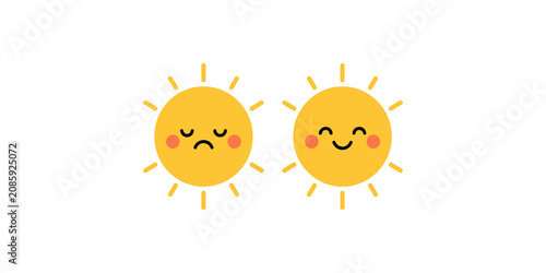 фотографія Two smiling and frowning cartoon suns with rosy cheeks on transparent background