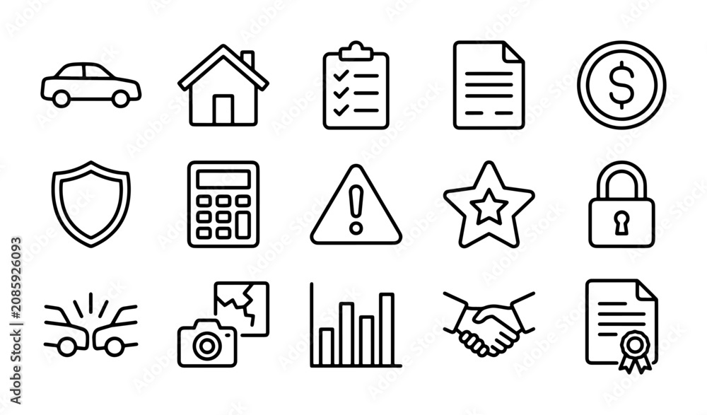 Fototapeta premium Insurance Icons Set: Protection, Finance, Security, Business, Legal, Property, Risk Management