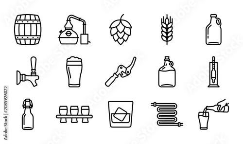 Tableau sur toile Brewery Icons Set: Beer Barrel, Still, Hop, Wheat, Bottles, Tap, Glass, Growler,