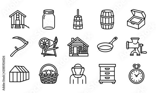 Schilderij op canvas Rural Farm Life Icons: Barn, Jar, Butter Churn, Barrel, Box, Scythe, Spinning Wh