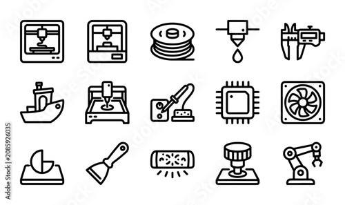 3D Printing Icons Set, Manufacturing Technology, Industrial Design, Engineering Tools, Vector Graphics