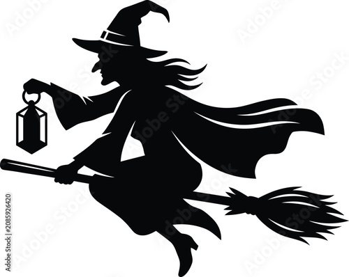 Tableau sur toile Halloween Witch Silhouette Flying on Broomstick with Lantern, Spooky Black Witch