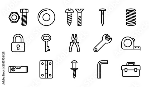Photos Hardware Icons Set, Metal Fasteners, Tools, DIY, Construction, Engineering, Vect