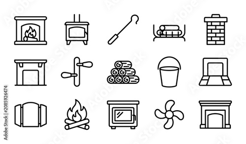 Fireplace and Stove Icons Set, Wood Burning Heat Symbols, Cozy Home Elements, Vector Graphics