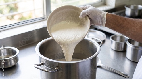 Indian chef preparing dosa batter, Rice lentil batter pour, Stainless container close up, South Indian breakfast prep, Clean kitchen scene