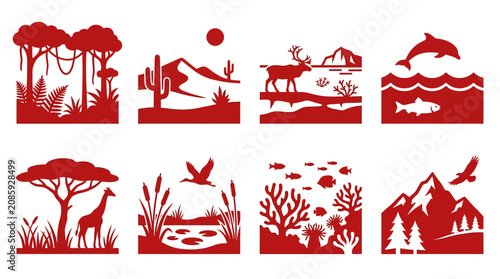 Foto Set of red silhouette nature scenes: jungle, desert, arctic, ocean, savanna, wet