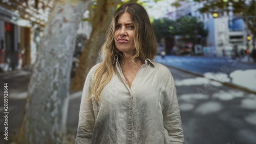 Obraz na plátne Middle age woman with long hair wearing light linen shirt purses lips, standing on tree lined urban street by tram tracks; disgust defiance