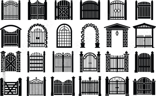 Fotografie Collection of black and white gates and archways icons depicting various archite