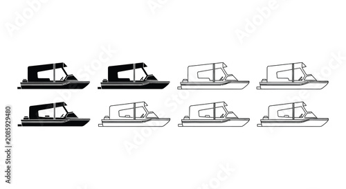 Tableau sur toile Houseboat Silhouettes And Line Drawings On White Background
