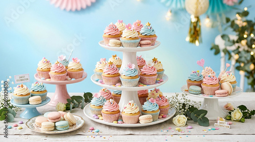 Elegant pastel dessert display with cupcakes and macarons