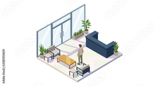 Isometric Illustration of a Modern Office Lobby and Reception Area