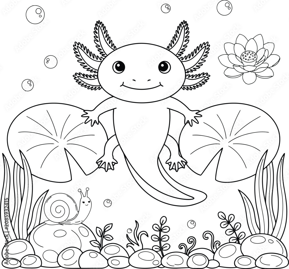 Fototapeta premium Cute axolotl swimming in a pond for coloring page