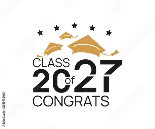 Class of 2027. gold and black number, education academic cap on white background. Template for graduation design frame, high school, college congratulation graduate, yearbook. Vector illustration.