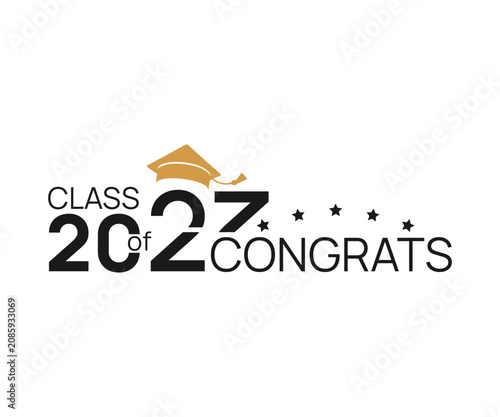Class of 2027. gold and black number, education academic cap on white background. Template for graduation design frame, high school, college congratulation graduate, yearbook. Vector illustration.