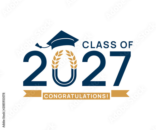 Class of 2027. gold and blue number, education academic cap on white background. Template for graduation design frame, high school, college congratulation graduate, yearbook. Vector illustration.