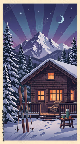 Cozy Wooden Cabin Nestled in a Snowy Alpine Landscape Under a Starry Night Sky with Skis Standing Outside