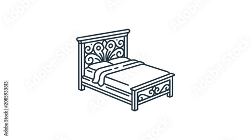 Schilderij op canvas Ornate Bed with Pillows and Blanket Illustration.