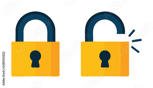 Set of flat style locked and unlocked padlocks icons with modern clean design isolated on transparent.