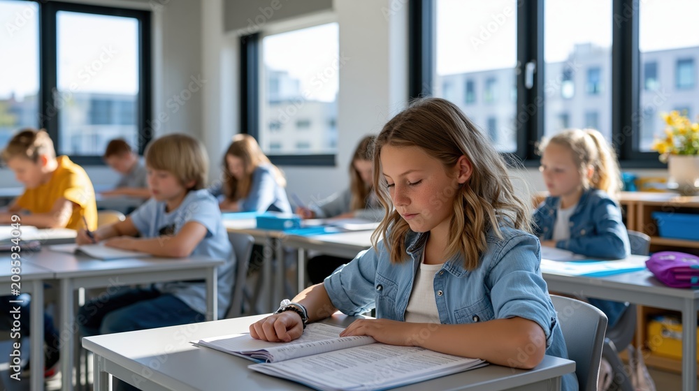 Fototapeta premium Modern classroom with students working quietly and child self - regulating in calm environment