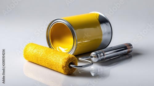 Open metal can with bright yellow paint and roller for home renovation and interior decorating