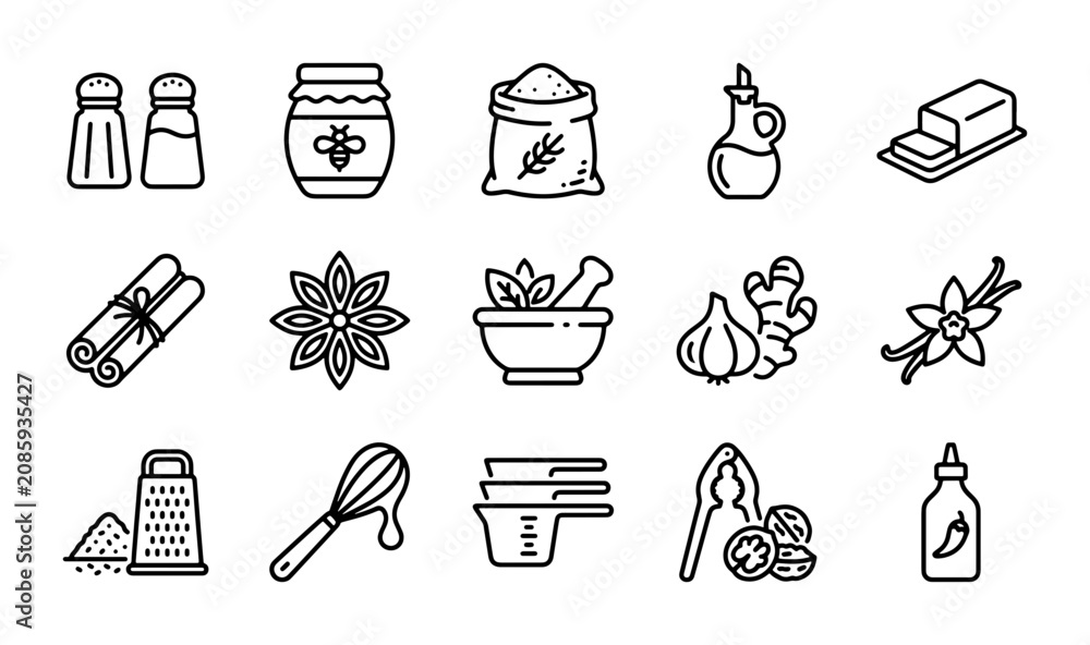 Fototapeta premium Cooking Ingredients Icons Set, Food Preparation Vector Graphics, Culinary Tools and Spices Collection