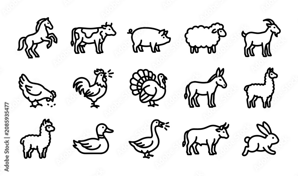 Fototapeta premium Farm Animal Icons Set, Livestock Vector Graphics, Countryside Creatures Collection
